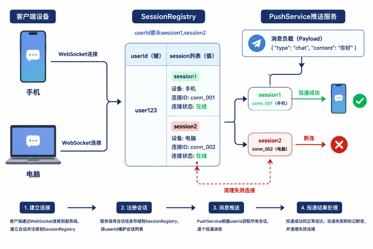 SessionRegistry：按用户维护多端会话，推送时逐条投递并清理失效连接